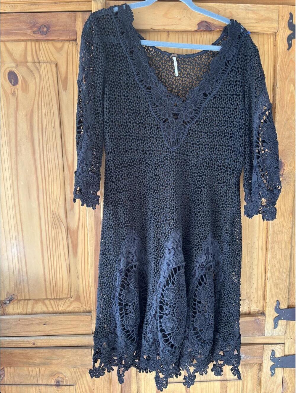 Free‎ People oversized 6 black lace crochet long sleeve dress witchy goth AA